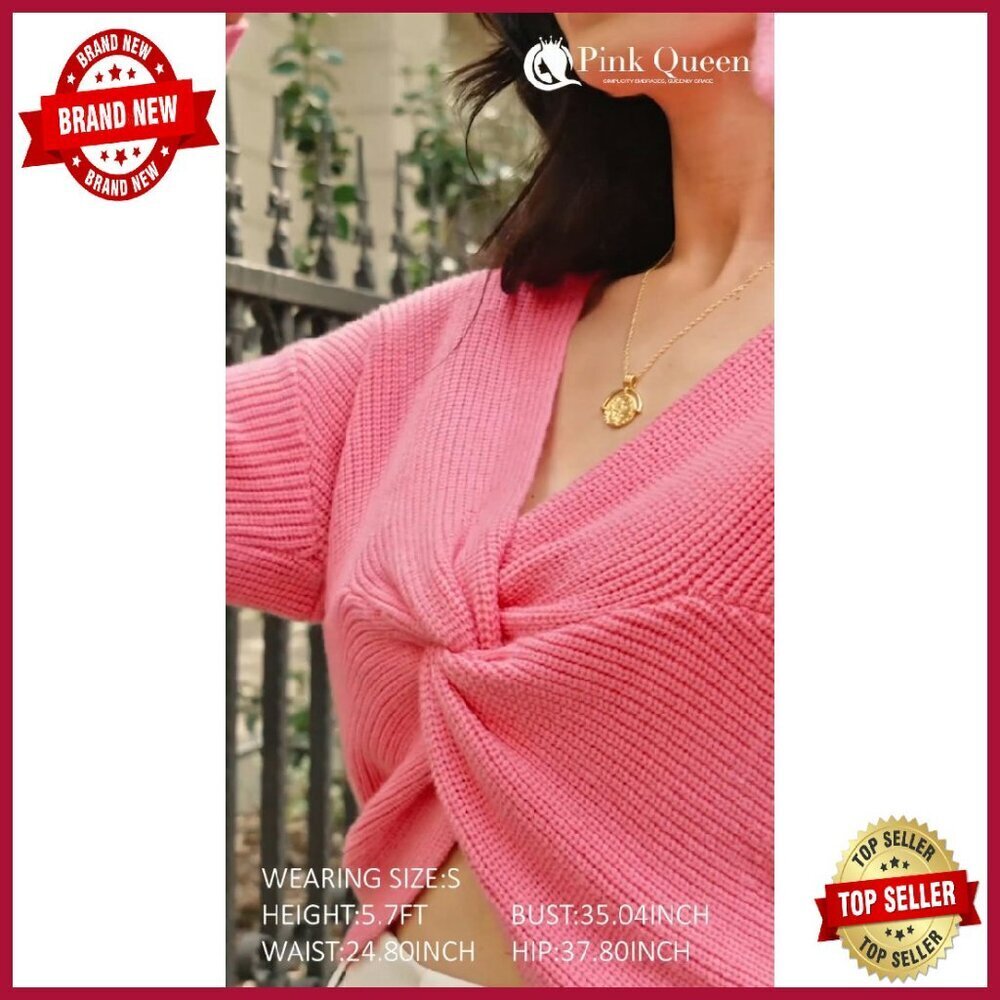 Cropped V-Neck Knit Sweater Long Sleeve Pullover Casual Tops - Picture 8 of 8